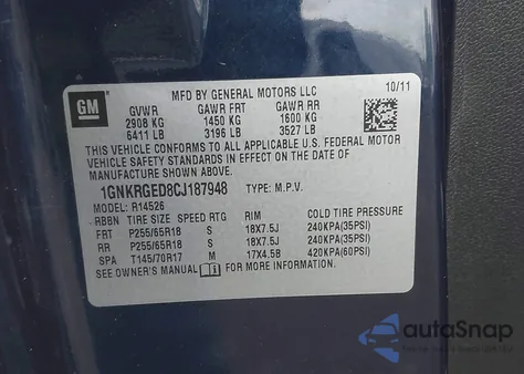 2012 Chevrolet Traverse 1Lt from USA, damaged, VIN 1GNKRGED8CJ187948